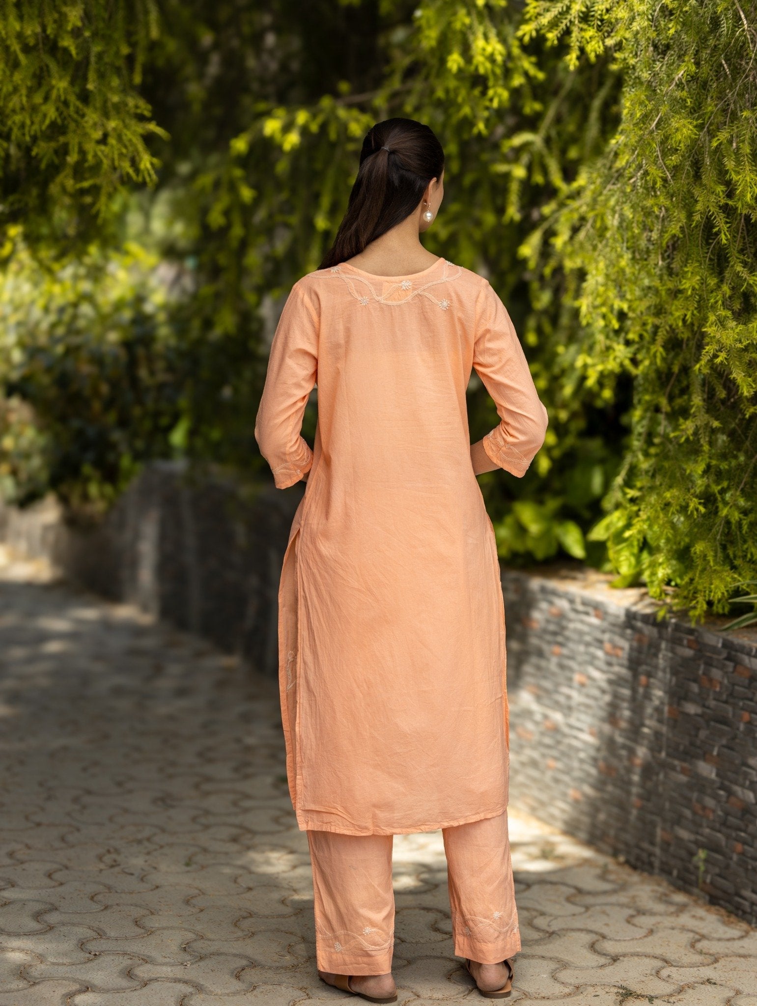 Gharana India Mul Cotton 2 Pc Peach Chikankari Kurta Set | Grocsy