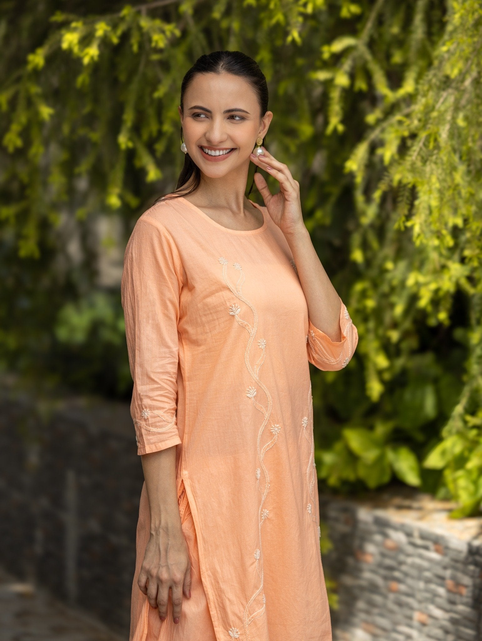 Gharana India Mul Cotton 2 Pc Peach Chikankari Kurta Set | Grocsy