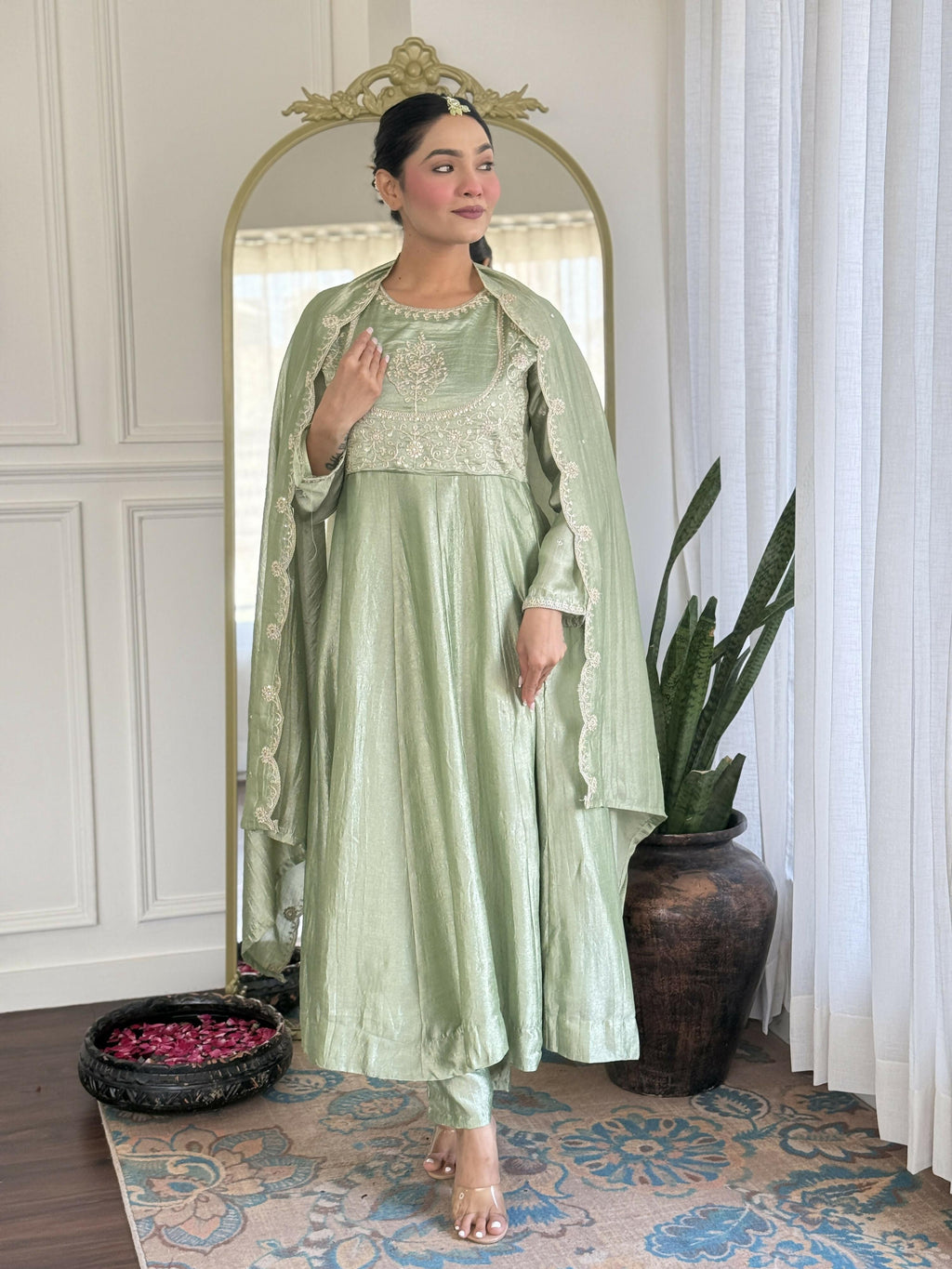 The52 Pista Women's Gorgeous Embroidered Vichitra Silk Fabric Flared Kurta Pant with Dupatta Set | Grocsy