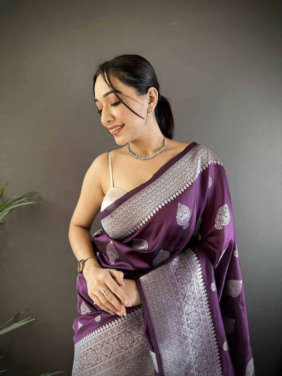 Joban Fashion Wine Floral Motifs Soft Silk Banarasi Saree | Grocsy