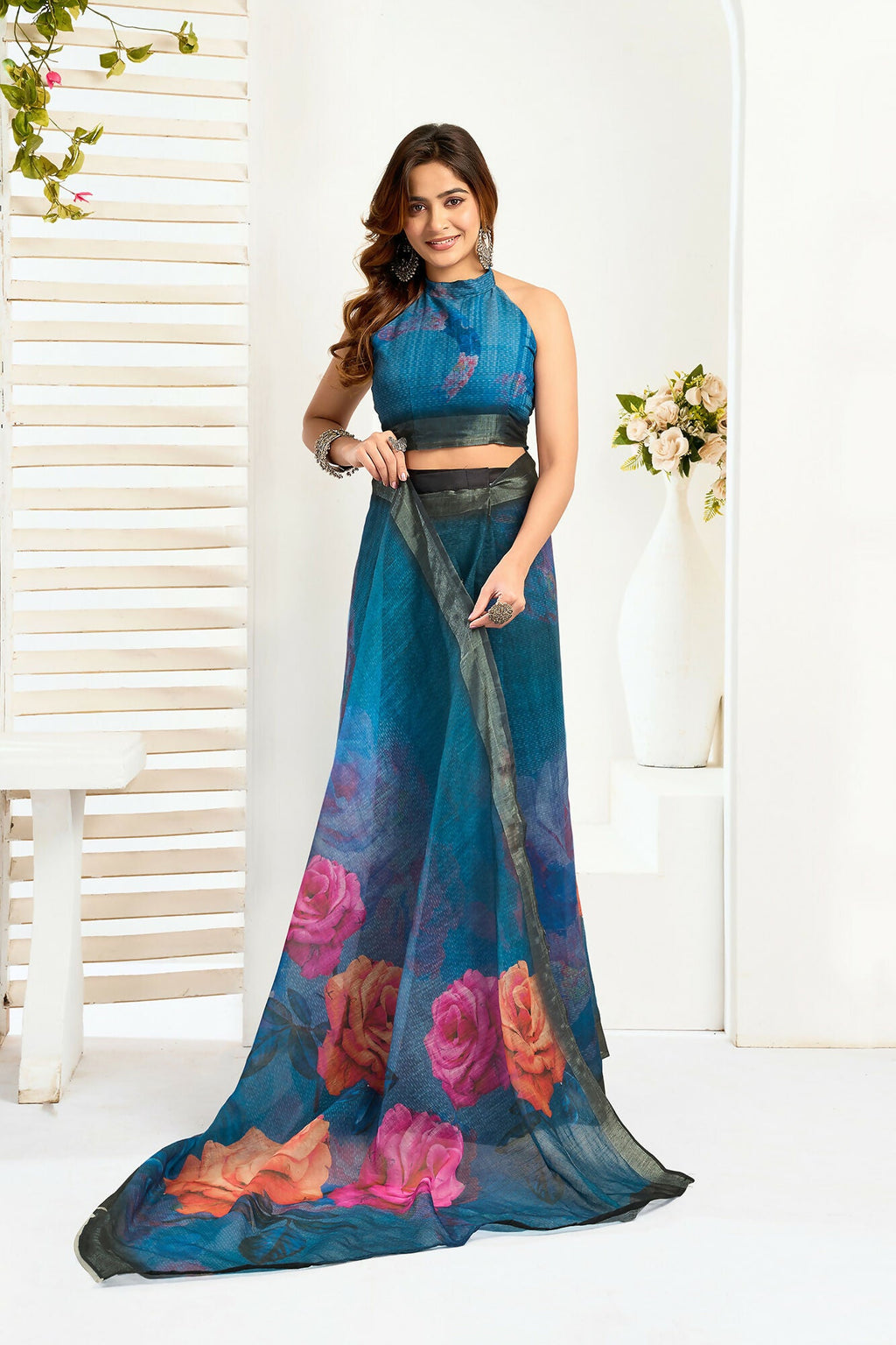 Vastranavya Teal Digital Printed Linen Ready To Wear Designer Saree with Unstitched Blouse | Grocsy