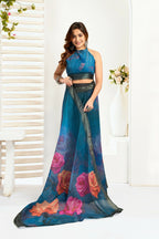 Vastranavya Teal Digital Printed Linen Ready To Wear Designer Saree with Unstitched Blouse | Grocsy