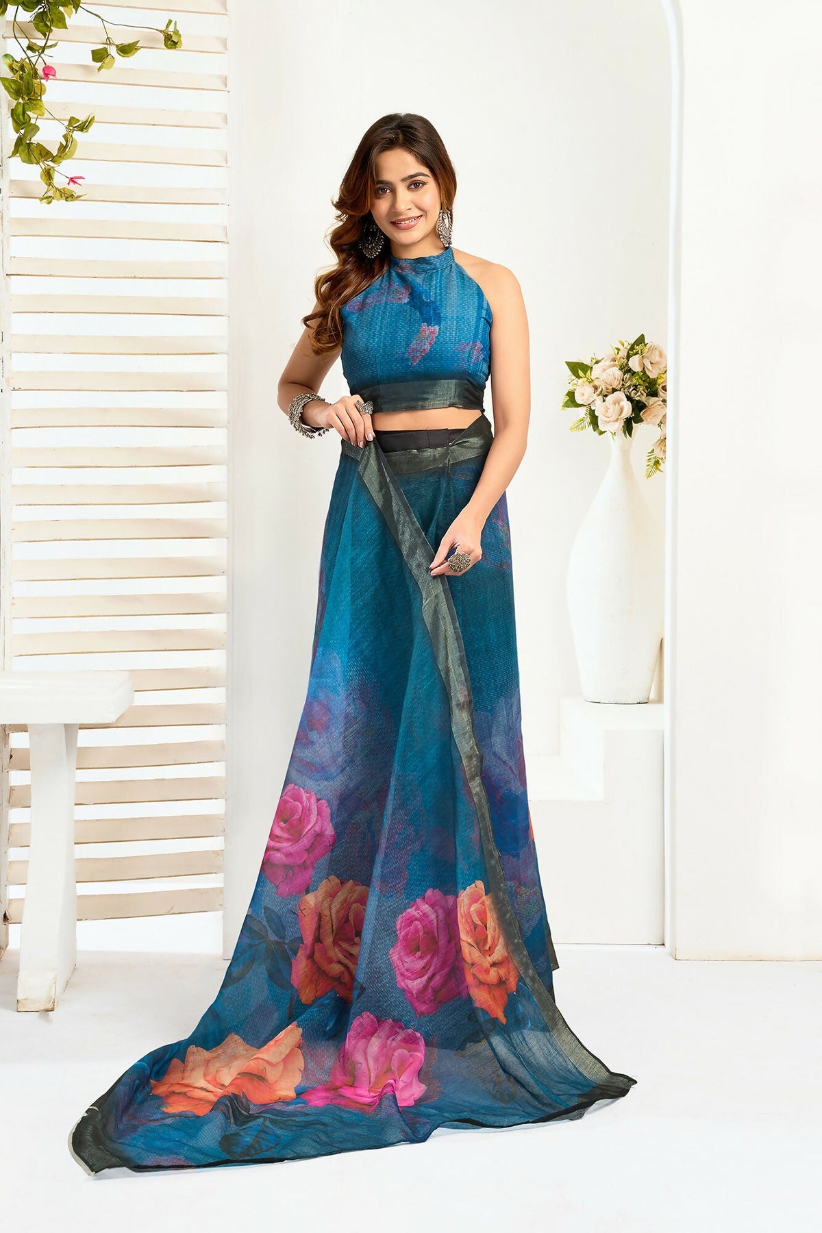 Vastranavya Teal Digital Printed Linen Ready To Wear Designer Saree with Unstitched Blouse | Grocsy
