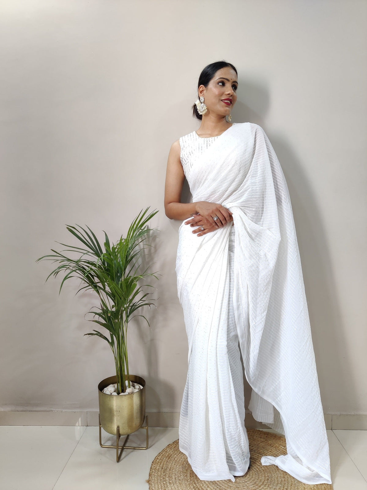 Teeya Creation White Color Georgette Fabric Heavy Work Saree | Grocsy