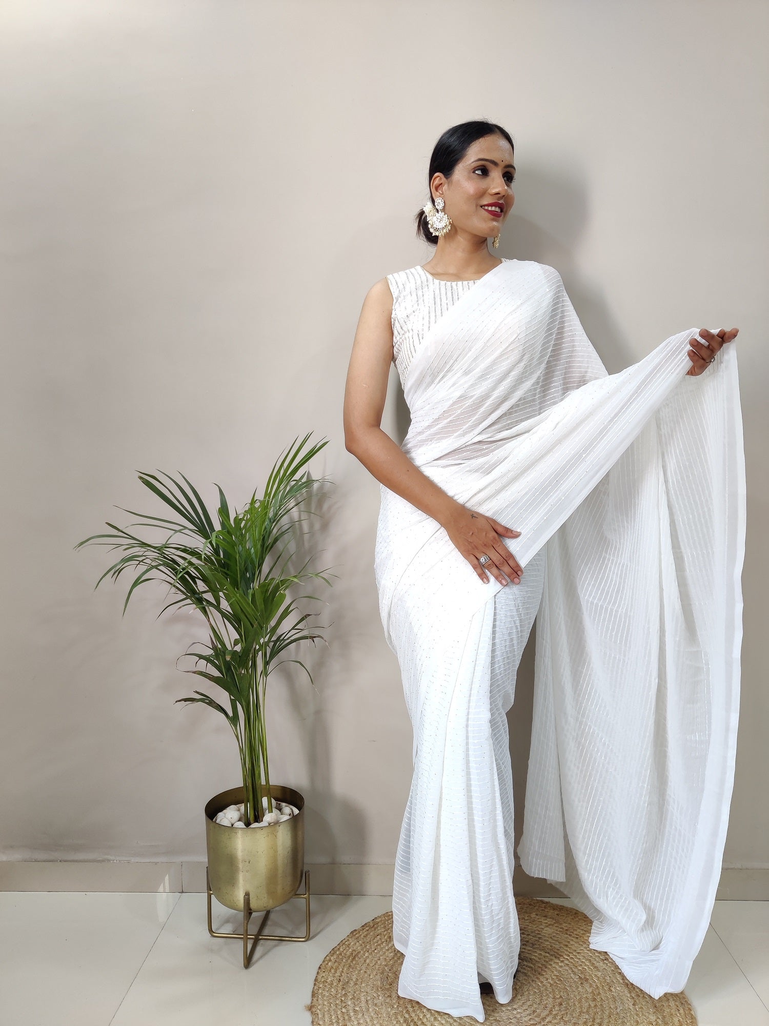 Teeya Creation White Color Georgette Fabric Heavy Work Saree | Grocsy
