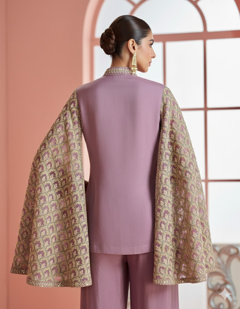 Evanik Women Mauve & Gold Printed Cape Style Kurta With Flared Palazzo Pants | Grocsy