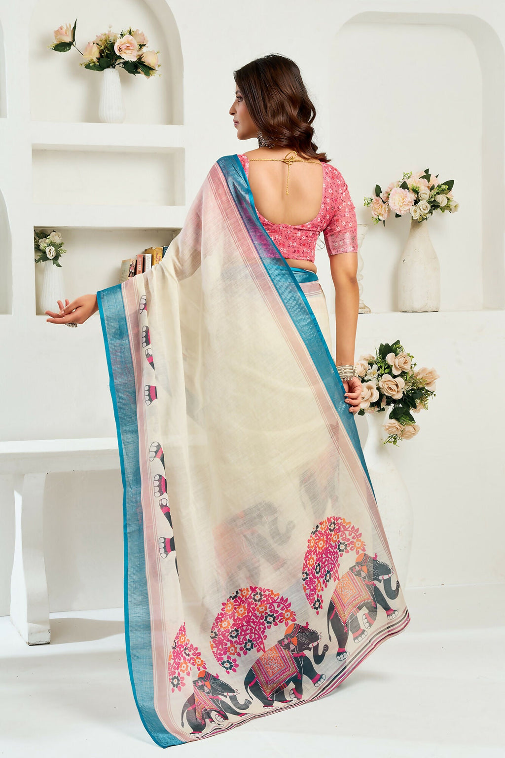 Vastranavya Cream Digital Printed Linen Ready To Wear Designer Saree with Unstitched Blouse | Grocsy