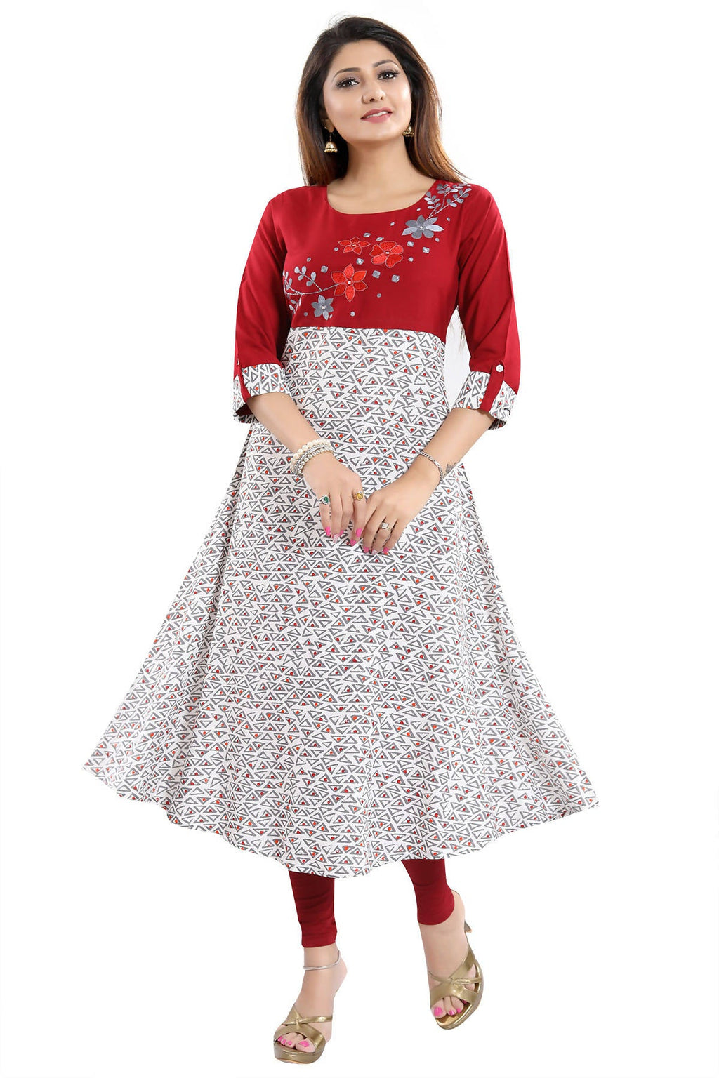 Snehal Creations Magnificent Maroon Rayon Printed Flared Long Tunic | Grocsy