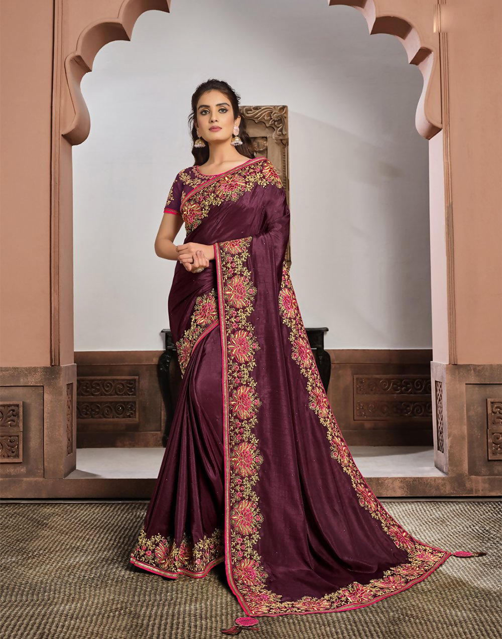 Purple Silk Georgettesilk Thread And Cord Embroidery. Tassels Saree - Norita Hit | Grocsy