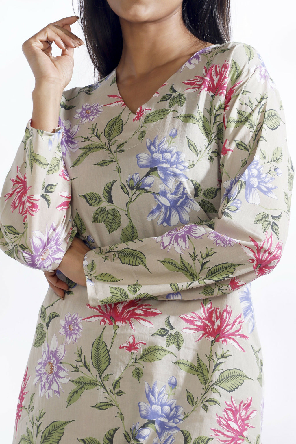 Breathables Women’S Loungewear Long Kurta Co-Ord Set Cotton Cream Floral Print | Grocsy