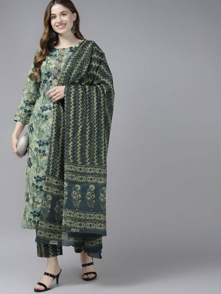 Yufta Women Teal and Beige Floral Dyed Pure Cotton Kurta with Palazzo and Dupatta | Grocsy