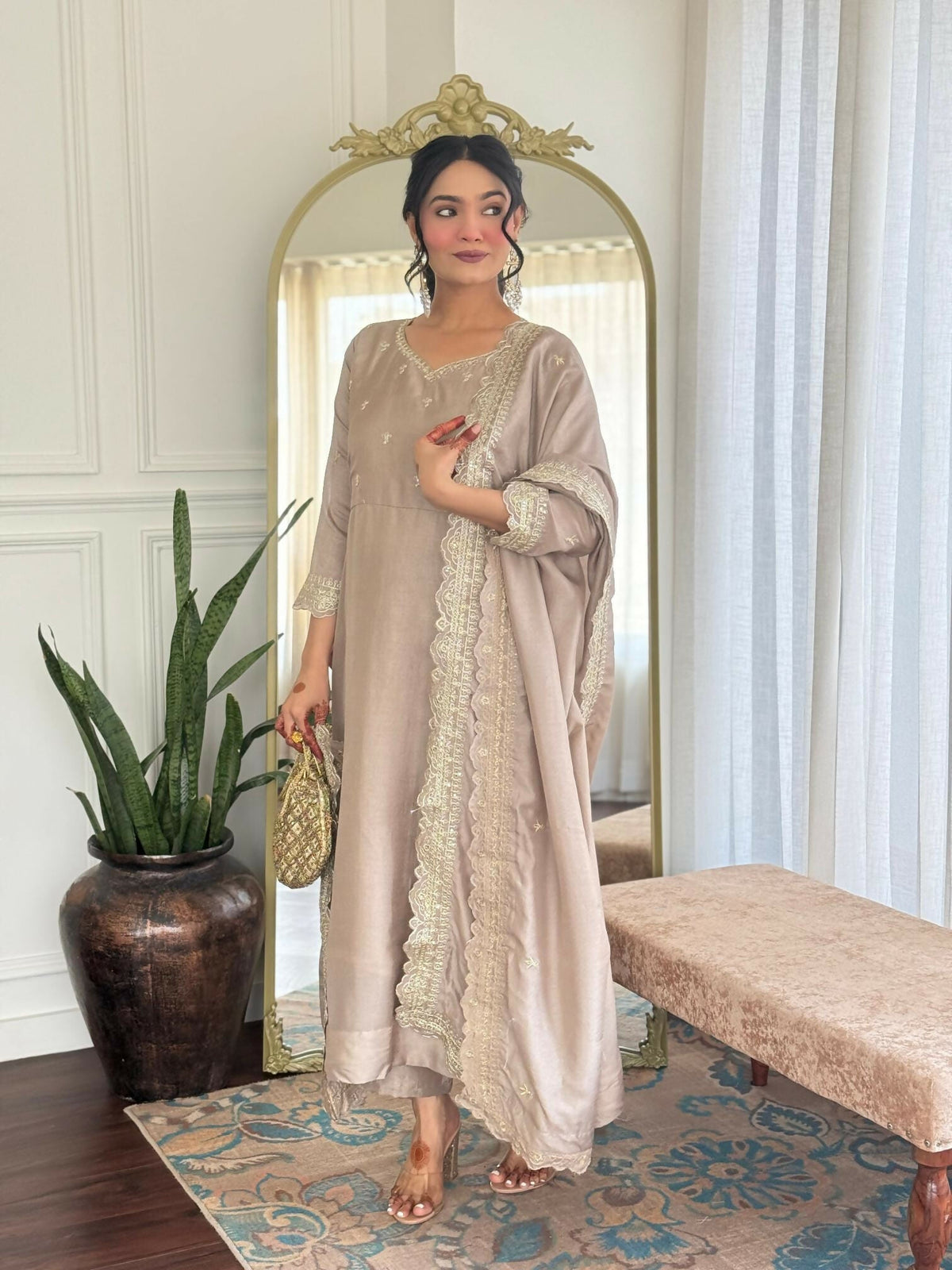 The52 CreamWomen's Gorgeous Vichitra Silk Fabric Embroidered Work Flared Anarkali Pant and Dupatta Set | Grocsy