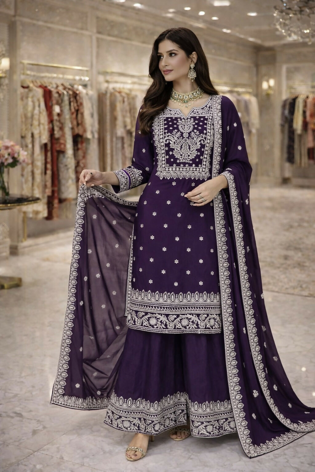 Teeya Creation Purple Fendi Silk Designer Heavy Work Wedding Wear Palazzo | Grocsy