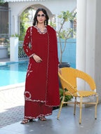 Nikhaar Maroon Embroidered Modal Silk Stitched Straight Cut Kurta Culottes Dupatta Readymade Suit | Grocsy