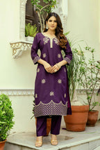 The52 Wine Women's Beautiful Viscose Chanderi Fabric Thread Work Straight Kurta Pant and Dupatta Set | Grocsy