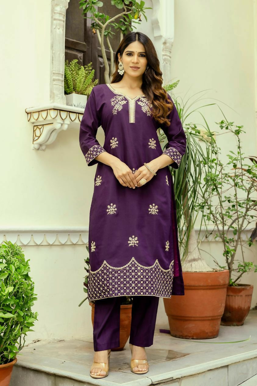 The52 Wine Women's Beautiful Viscose Chanderi Fabric Thread Work Straight Kurta Pant and Dupatta Set | Grocsy