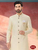 Joban Fashion Men's Cream Straight Silk Thread And Sequence Embroidary All Over Indo-Western Kurta Set | Grocsy