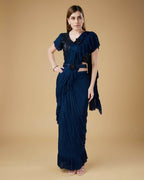 Blue Imported Crush Solid Ready to Wear Saree with stitched Blouse - Aayan | Grocsy