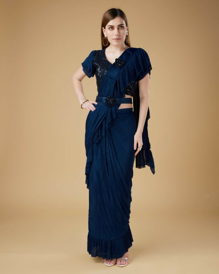Blue Imported Crush Solid Ready to Wear Saree with stitched Blouse - Aayan | Grocsy