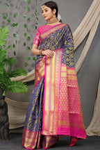 Jyoti Fashion Women's Navy Blue Kanjivaram Silk Zari Woven Saree with Blouse | Grocsy