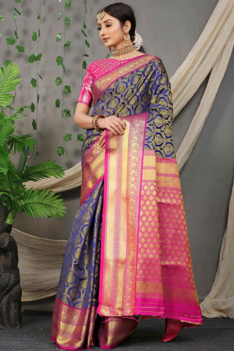 Jyoti Fashion Women's Navy Blue Kanjivaram Silk Zari Woven Saree with Blouse | Grocsy