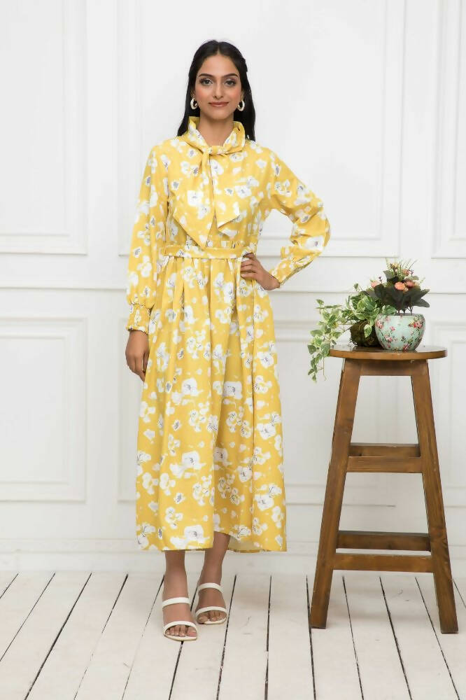 Myshka Women Yellow-Floral Rayon A-Line Shirt Collar Dress | Grocsy