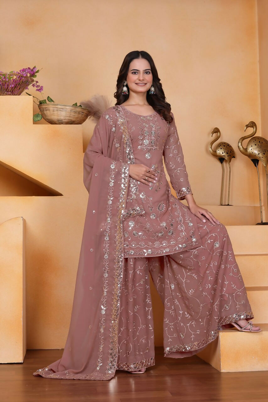 Teeya Creation Onion Color Faux Georgette Embroidery Work Wedding Wear Palazzo Set | Grocsy