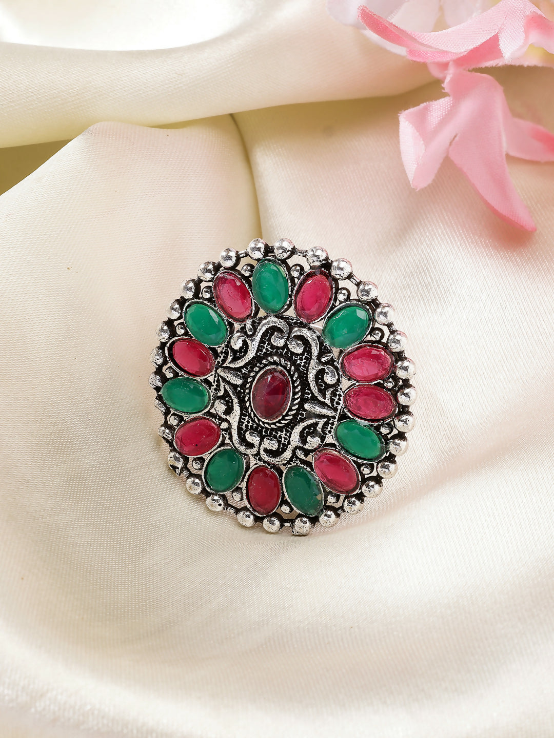 NVR Women's Multicolor Silver-Plated Circular Shape Adjustable Finger Ring | Grocsy