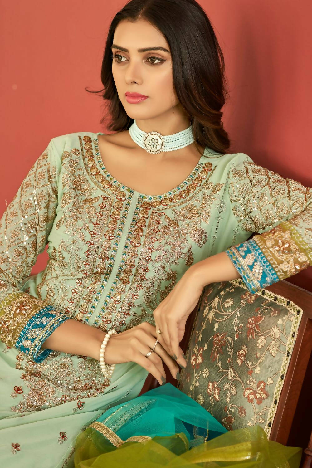 Sea Green Heavy Faux Georgette Embroidered Semi Stitched Suit - Dhvani | Grocsy
