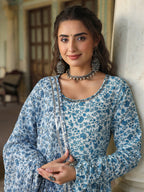 Juniper Women's Blue Cambric Floral Printed Circular Kurta Dupatta Sets | Grocsy