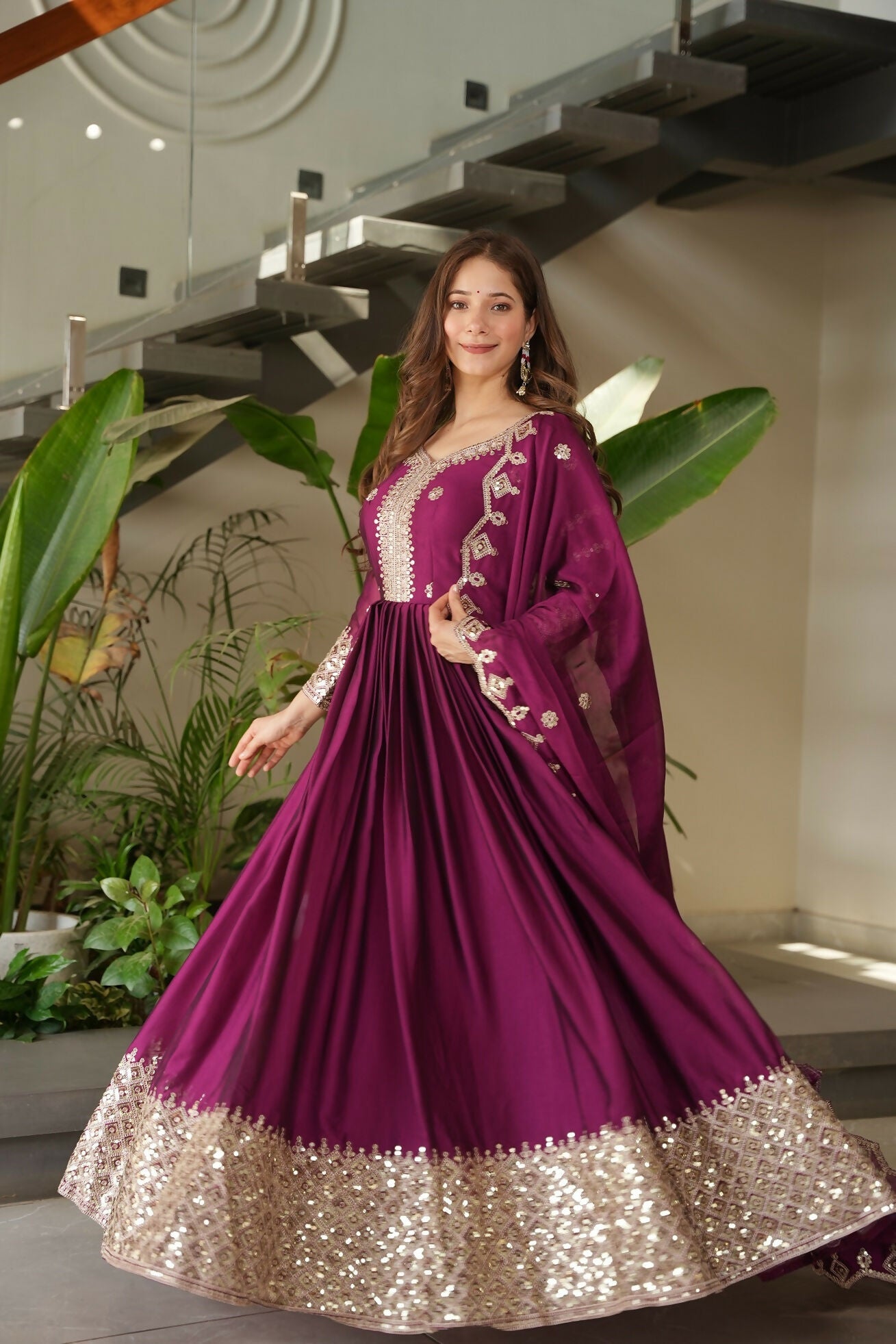 Teeya Creation Rani Color Heavy Crush Silk Wedding Wear Embroidery Work Long Gown | Grocsy