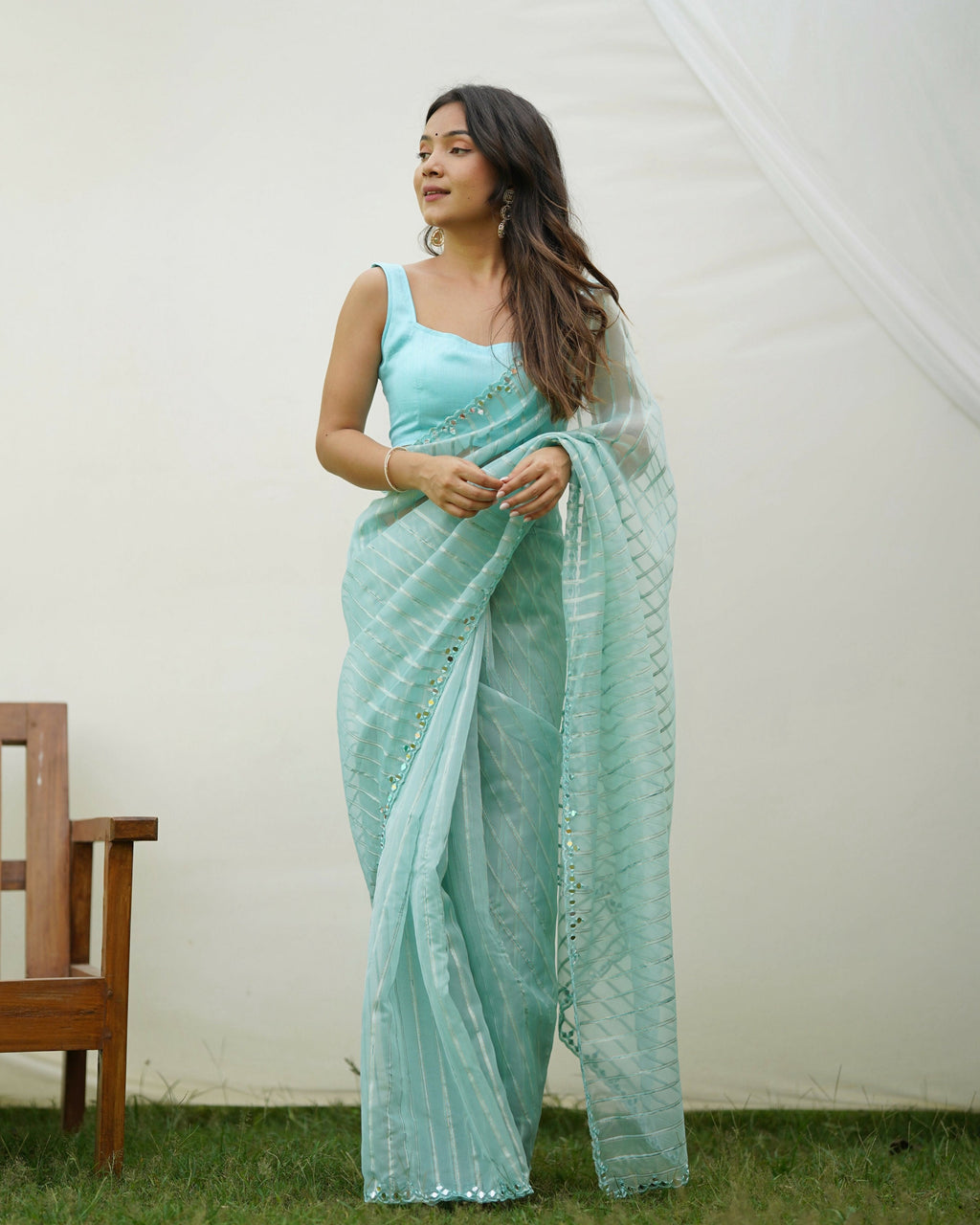 Vamsee Vijaysitara Sky Organza Saree | Grocsy