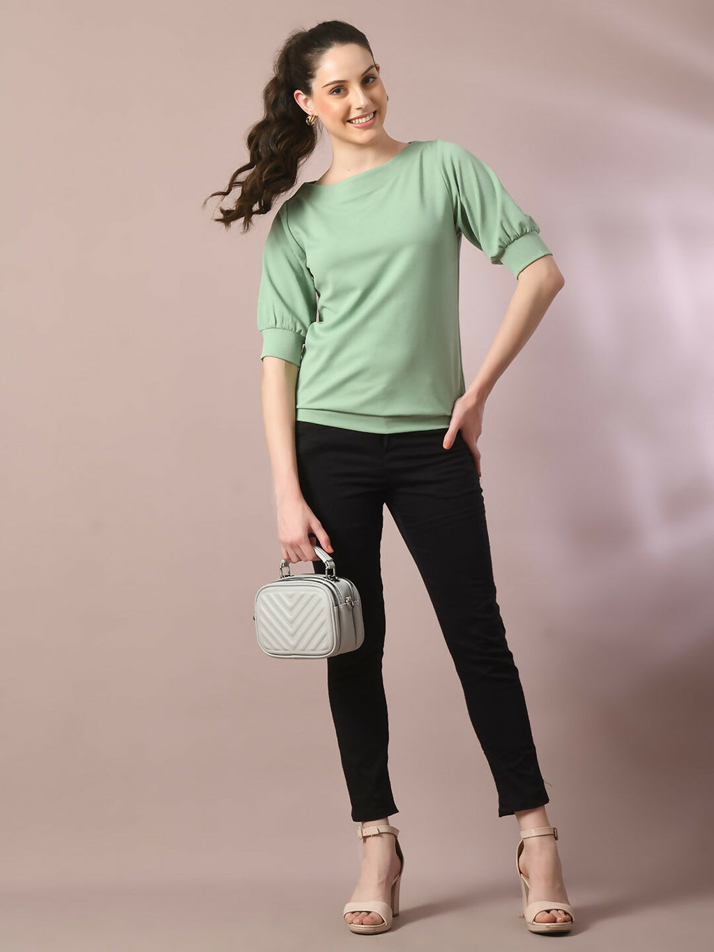 Myshka Women's Sea Green Solid Boat Neck Party Top | Grocsy