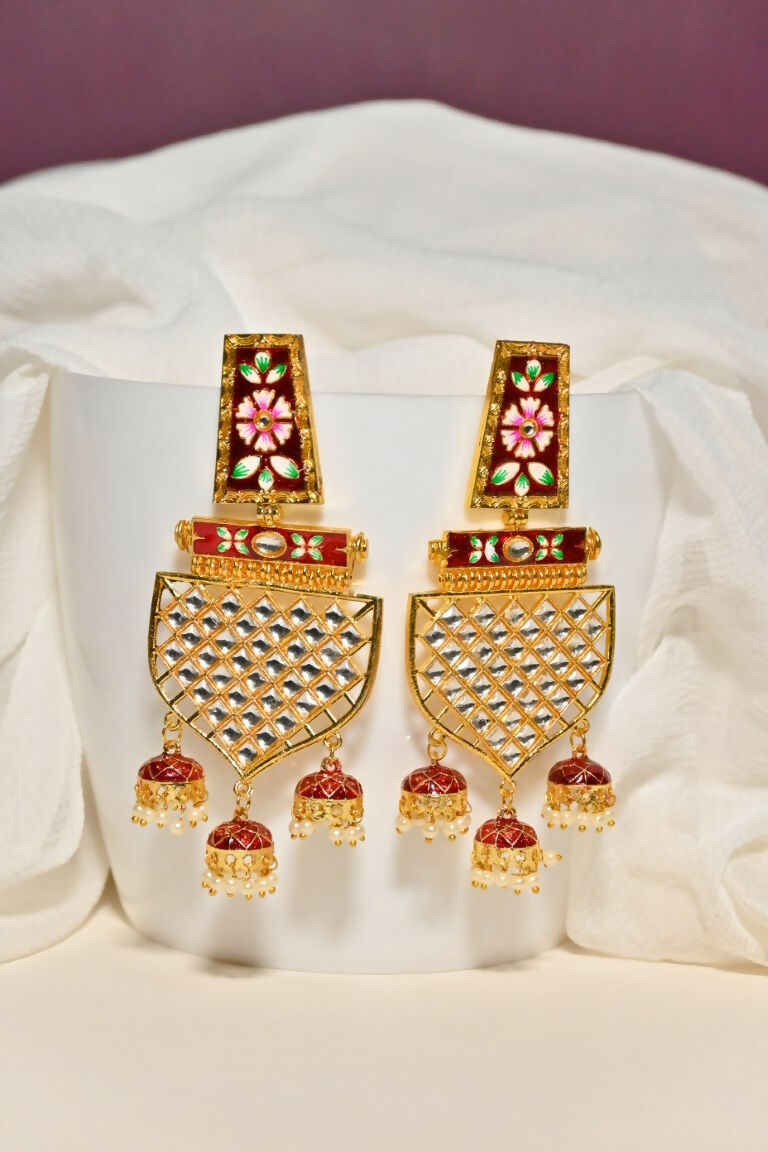 Maroon Traditional Gold-Polished Meenakari Jhumka Jhumki Earrings Indian Jewellery For Women Girls By House of Ree - Swadesiicart