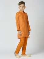 Joban Fashion Kids Island Full Sleeves Chanderi Kurta, Pyjama Set with Traditional Butta Work - Orange | Grocsy