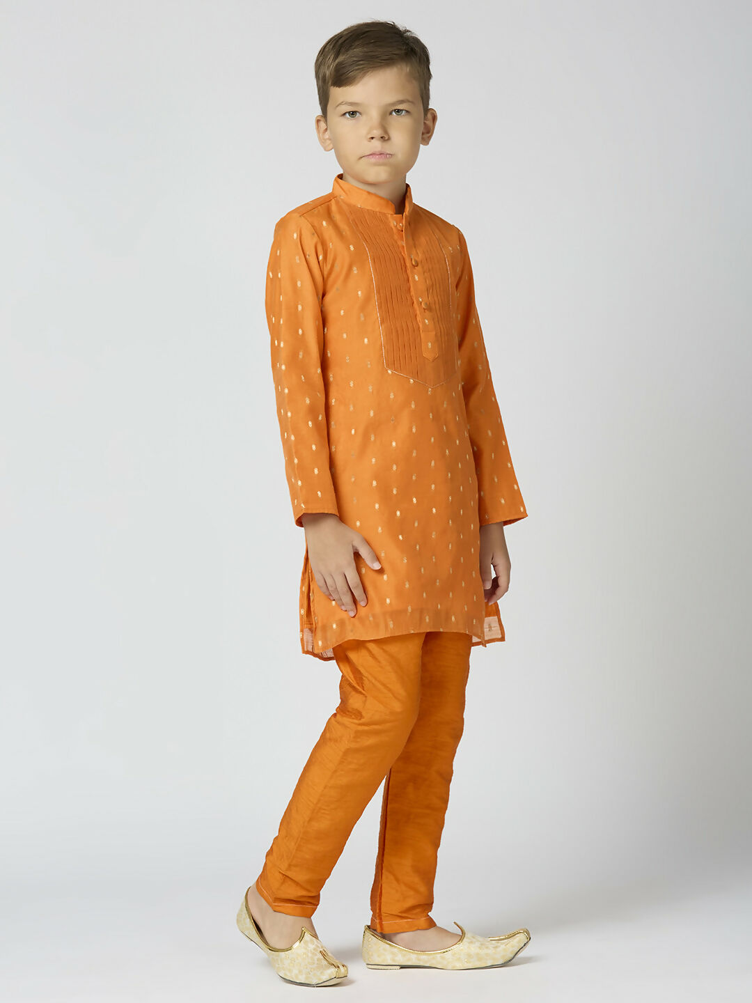Joban Fashion Kids Island Full Sleeves Chanderi Kurta, Pyjama Set with Traditional Butta Work - Orange | Grocsy