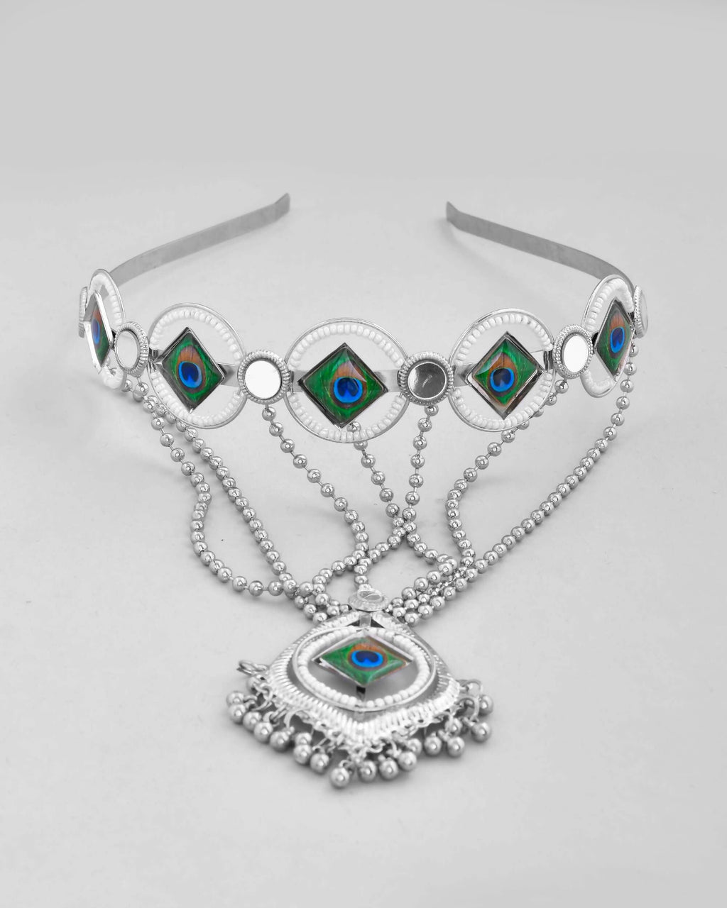 VOJ Silver Plated Peacock Printed Hairband With Mang Tikka | Grocsy