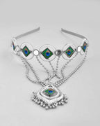 VOJ Silver Plated Peacock Printed Hairband With Mang Tikka | Grocsy