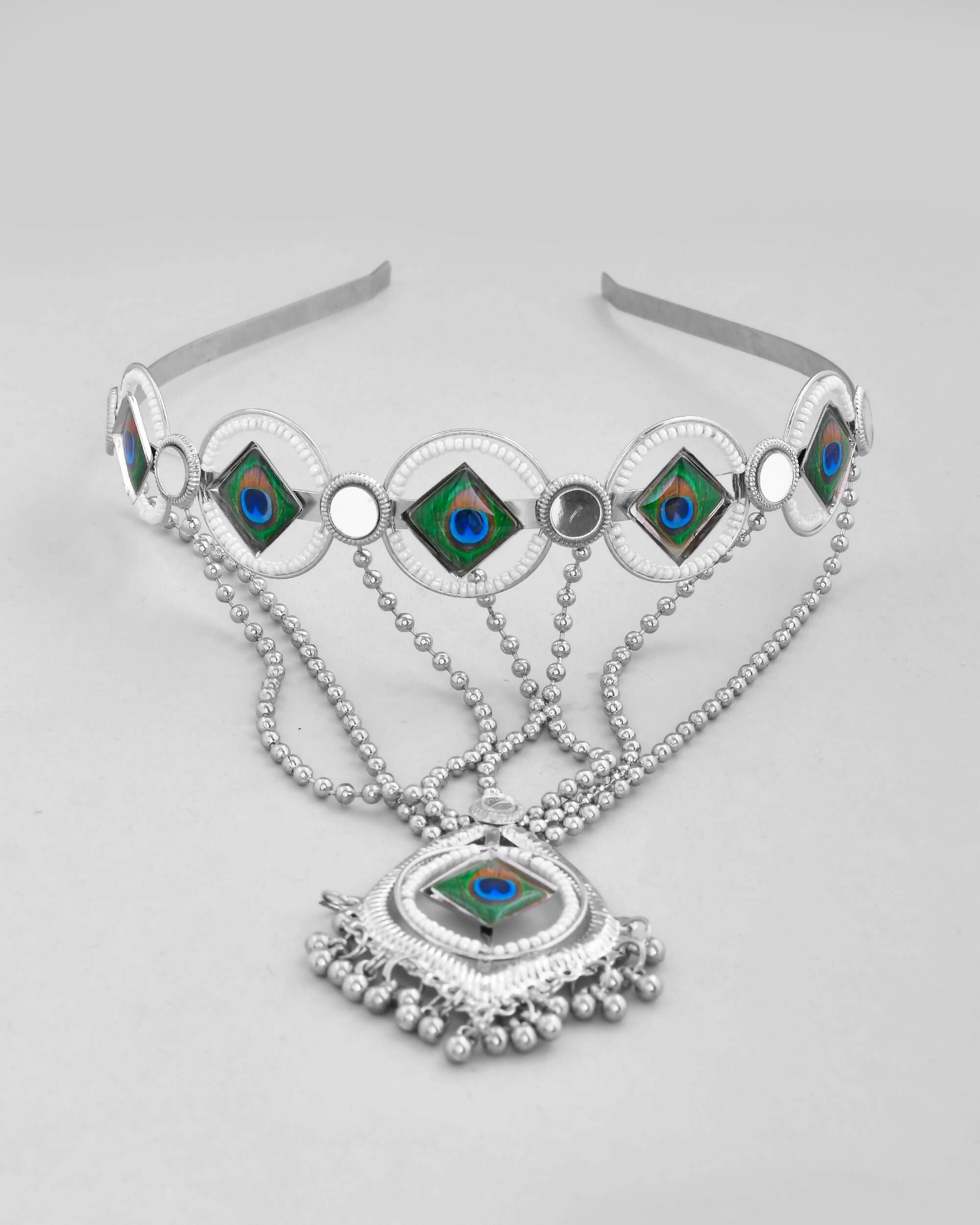 VOJ Silver Plated Peacock Printed Hairband With Mang Tikka | Grocsy