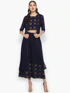 Janasya Women Navy Blue Printed Top with Palazzos | Grocsy