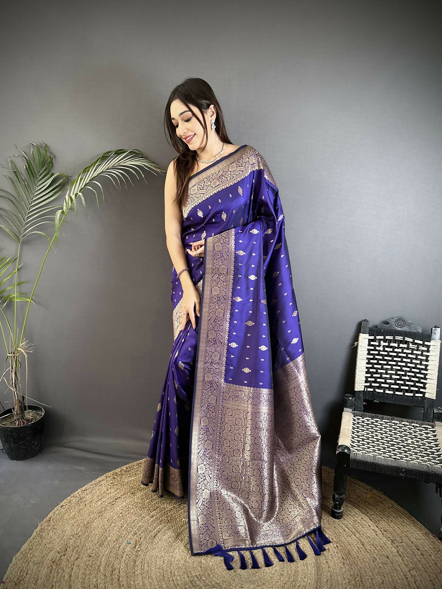 Joban Fashion Royal Blue Zari Weaving Motif Lichi Silk Banarasi Silk Saree | Grocsy