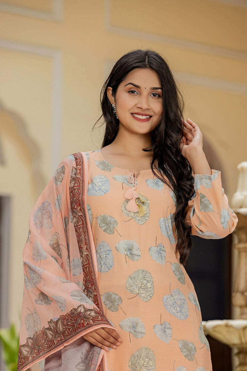 Kaajh Women's Peach Modal Silk Printed Kurta Pant Set With Dupatta | Grocsy