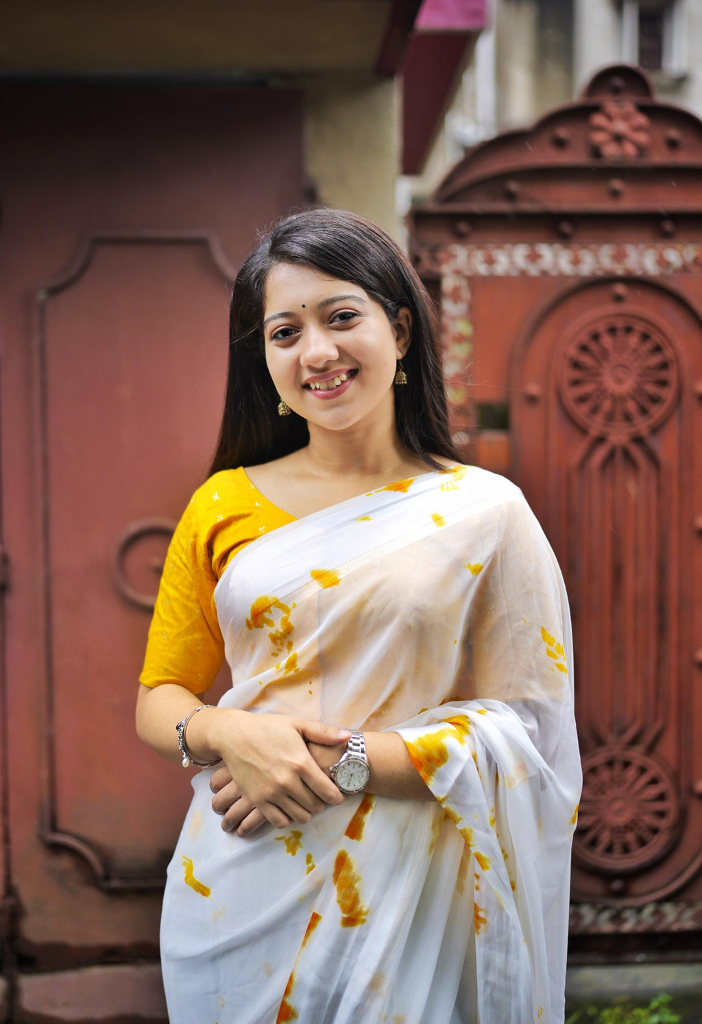 Yellow Poly Georgette Tie And Dye Saree with Unstitched Blouse - A2M | Grocsy