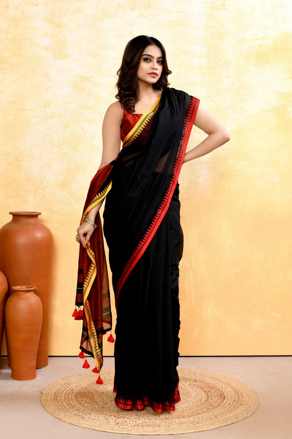 Piyari Fashion Women's Black Embellished Handloom Cotton Saree | Grocsy
