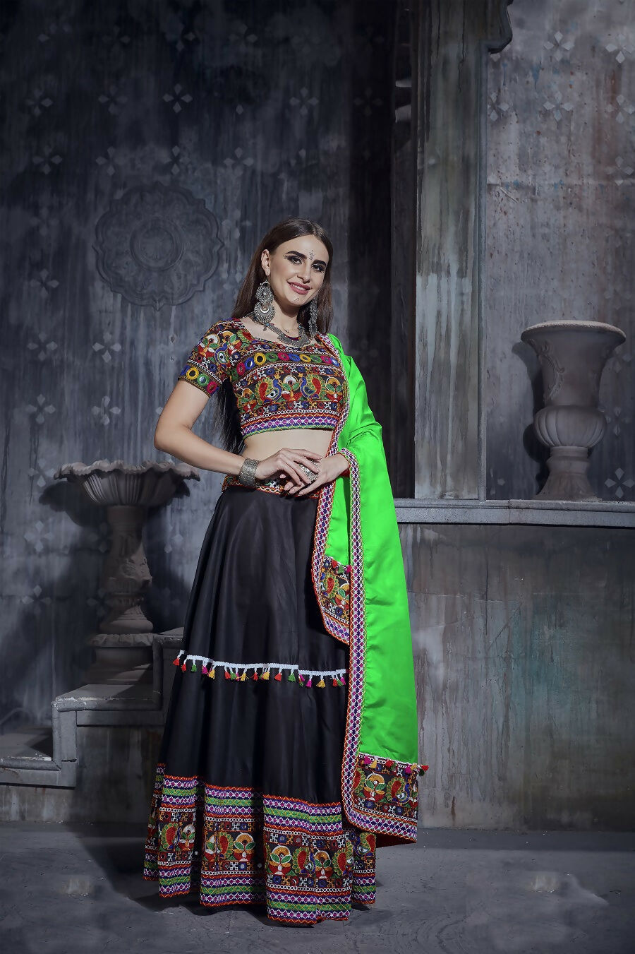 AI Fashion Black Art Silk Designer Navratri Lehenga Choli Collection | Grocsy