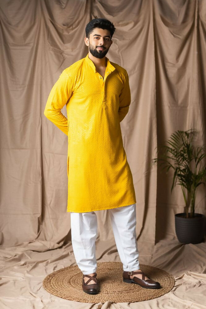 Light Yellow Rayon Thread Embroidery Work Kurta Set - Mahotsav | Grocsy