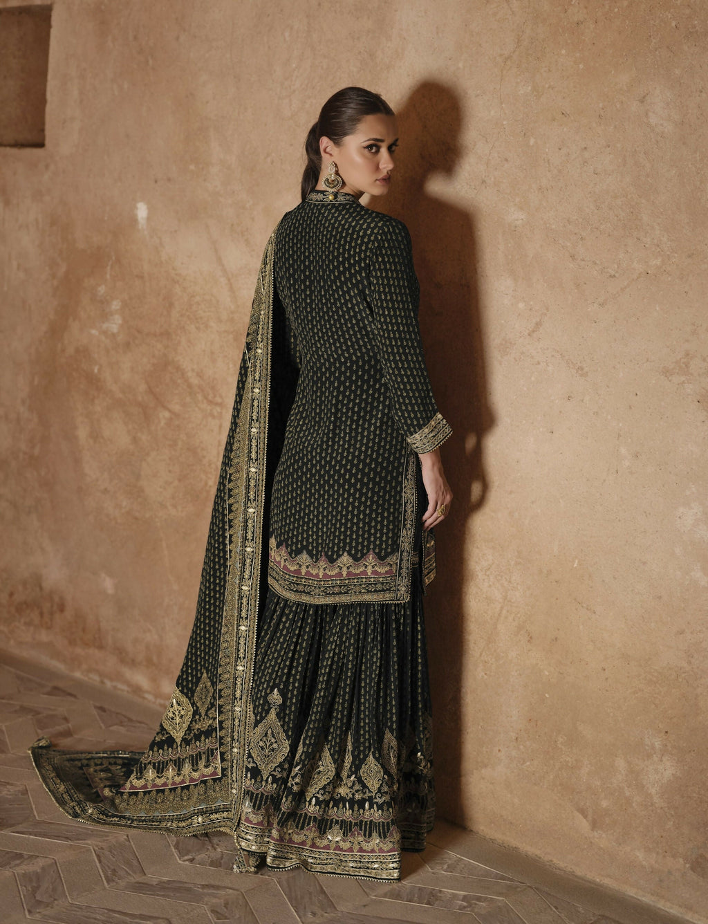 Anaita Black Silk Readymade Palazzo Suit with Swarovski Work | Grocsy