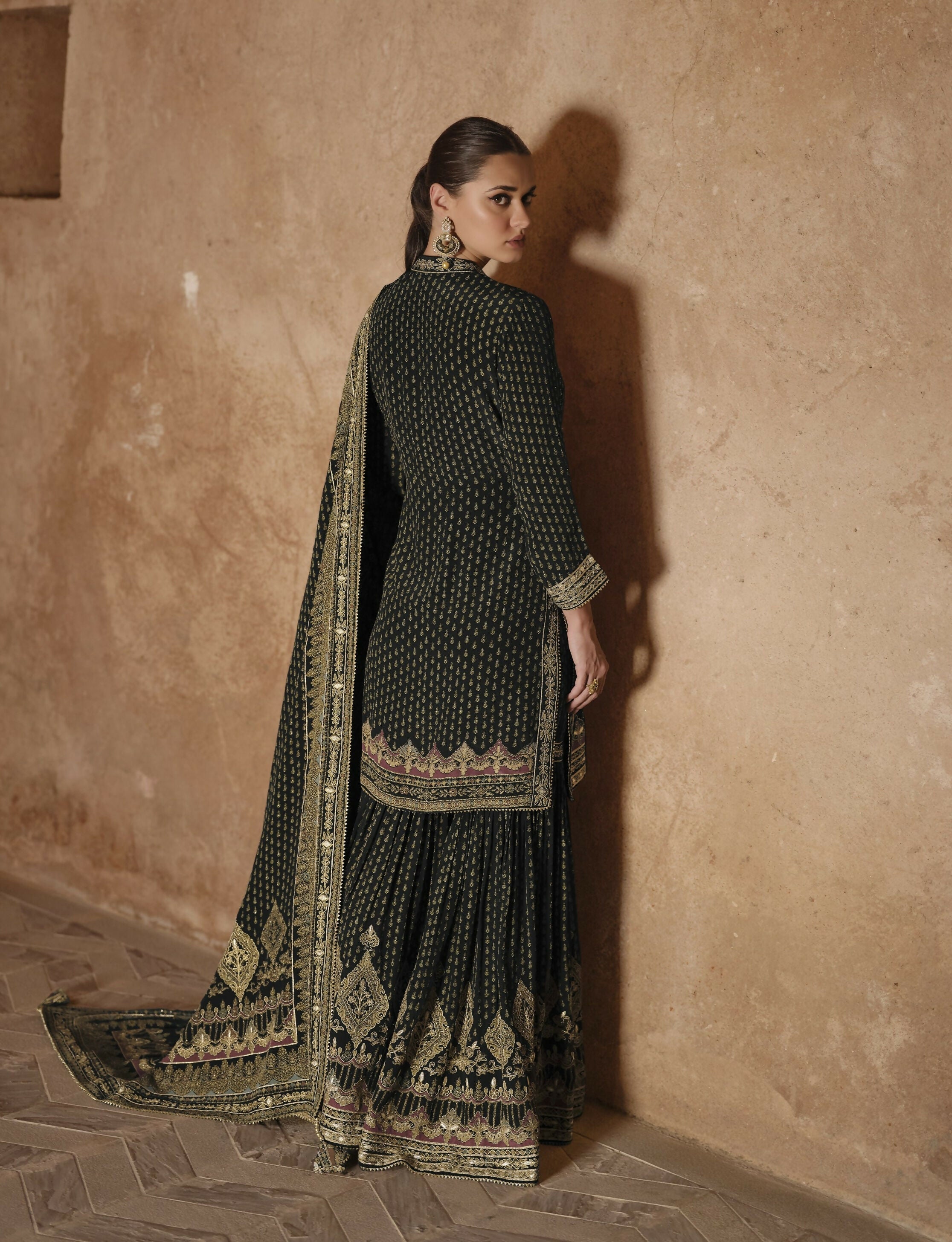 Anaita Black Silk Readymade Palazzo Suit with Swarovski Work | Grocsy