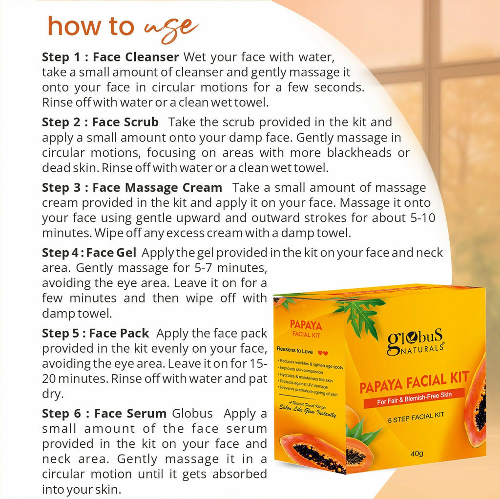 Globus Naturals Papaya Facial Kit For Blemish Free Skin & Anti-Pigmentation, 6 Steps | Grocsy