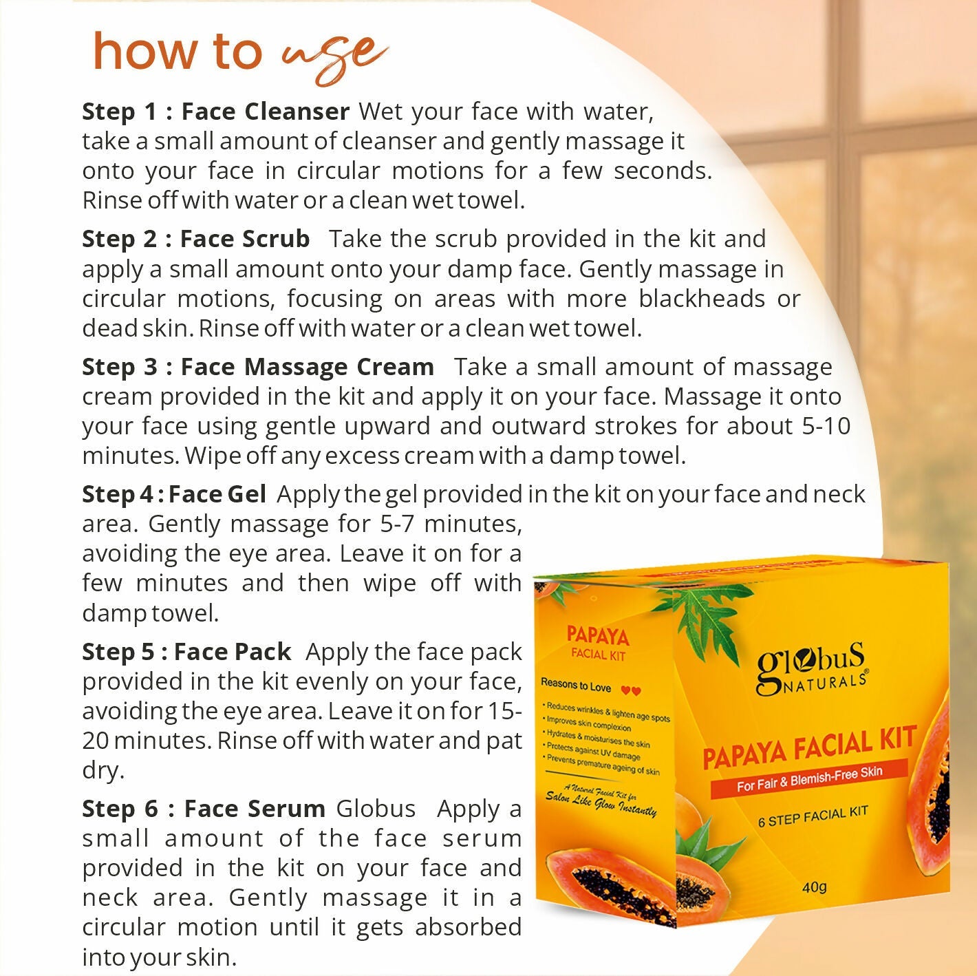 Globus Naturals Papaya Facial Kit For Blemish Free Skin & Anti-Pigmentation, 6 Steps | Grocsy